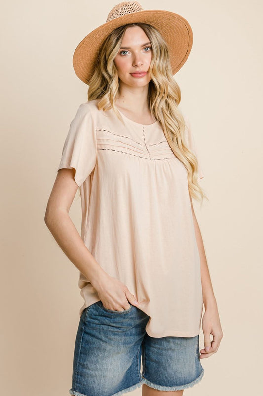 Eyelet Round Neck Short Sleeve T-Shirt