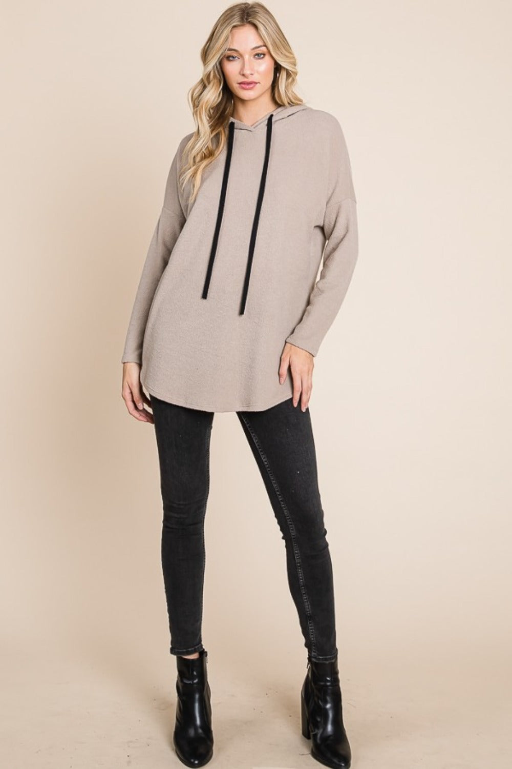 Contrast Drawstring Drop Shoulder Knit Hoodie - Taupe