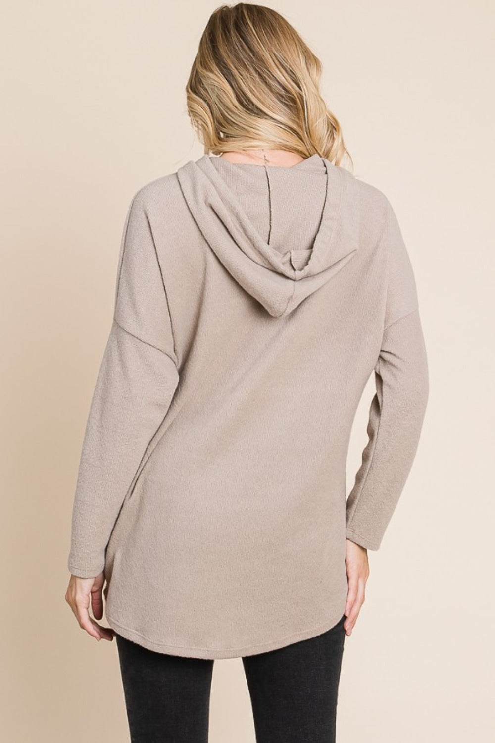 Contrast Drawstring Drop Shoulder Knit Hoodie - Taupe