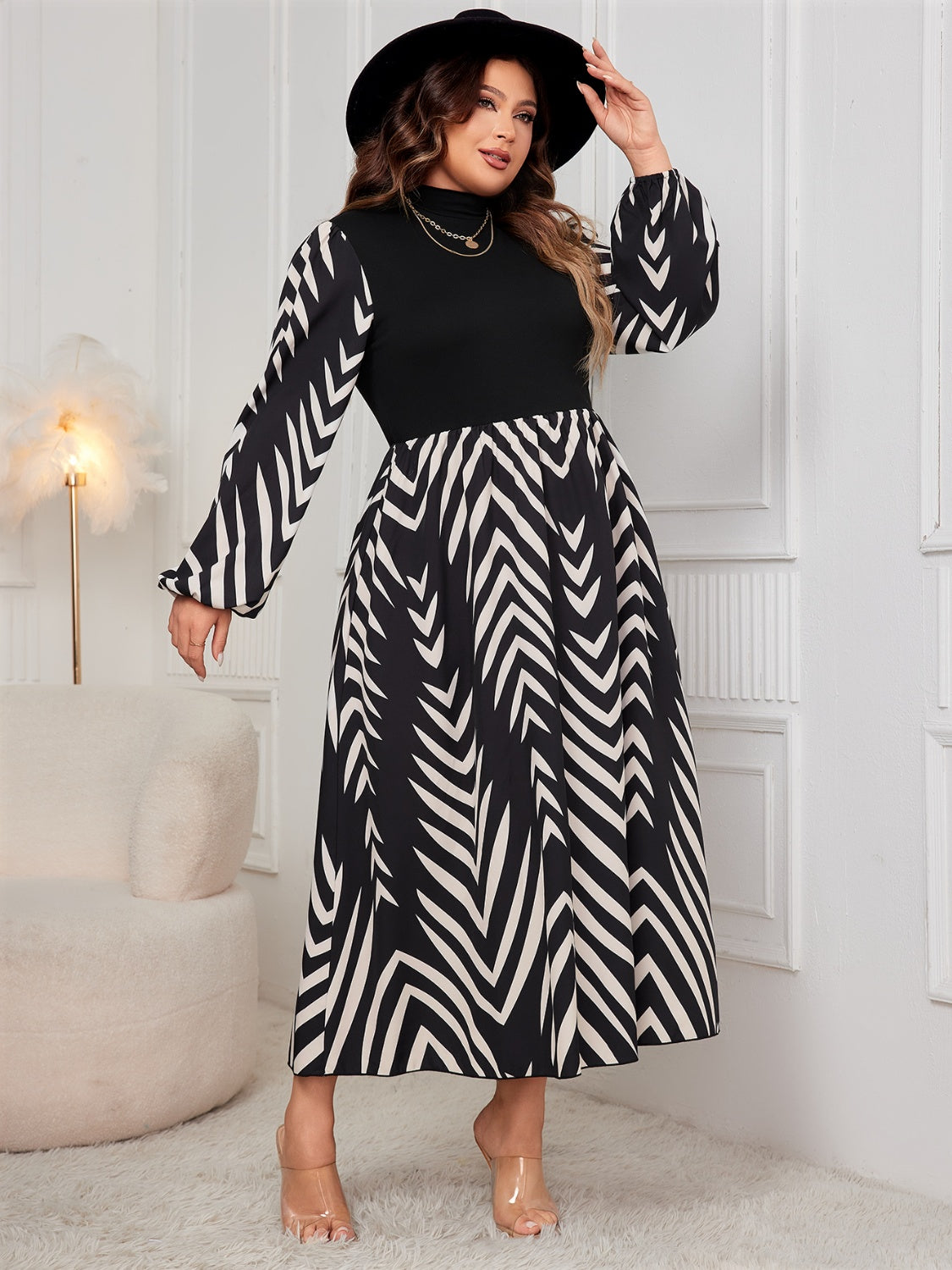 Plus Printed Mock Neck Long Sleeve Midi Dress