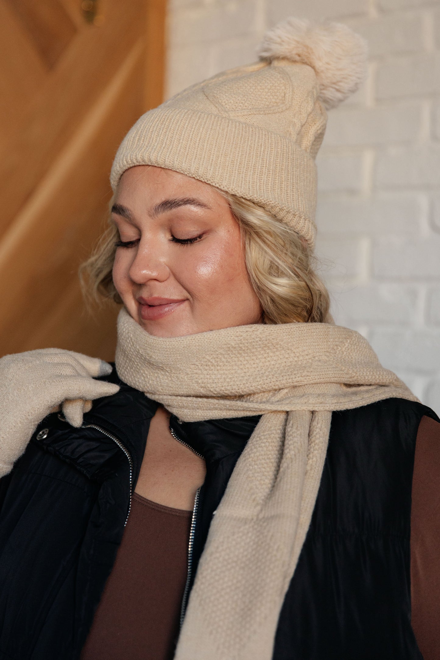 Day 4 - Jane Frost Beanie, Glove, and Scarf Set in Beige