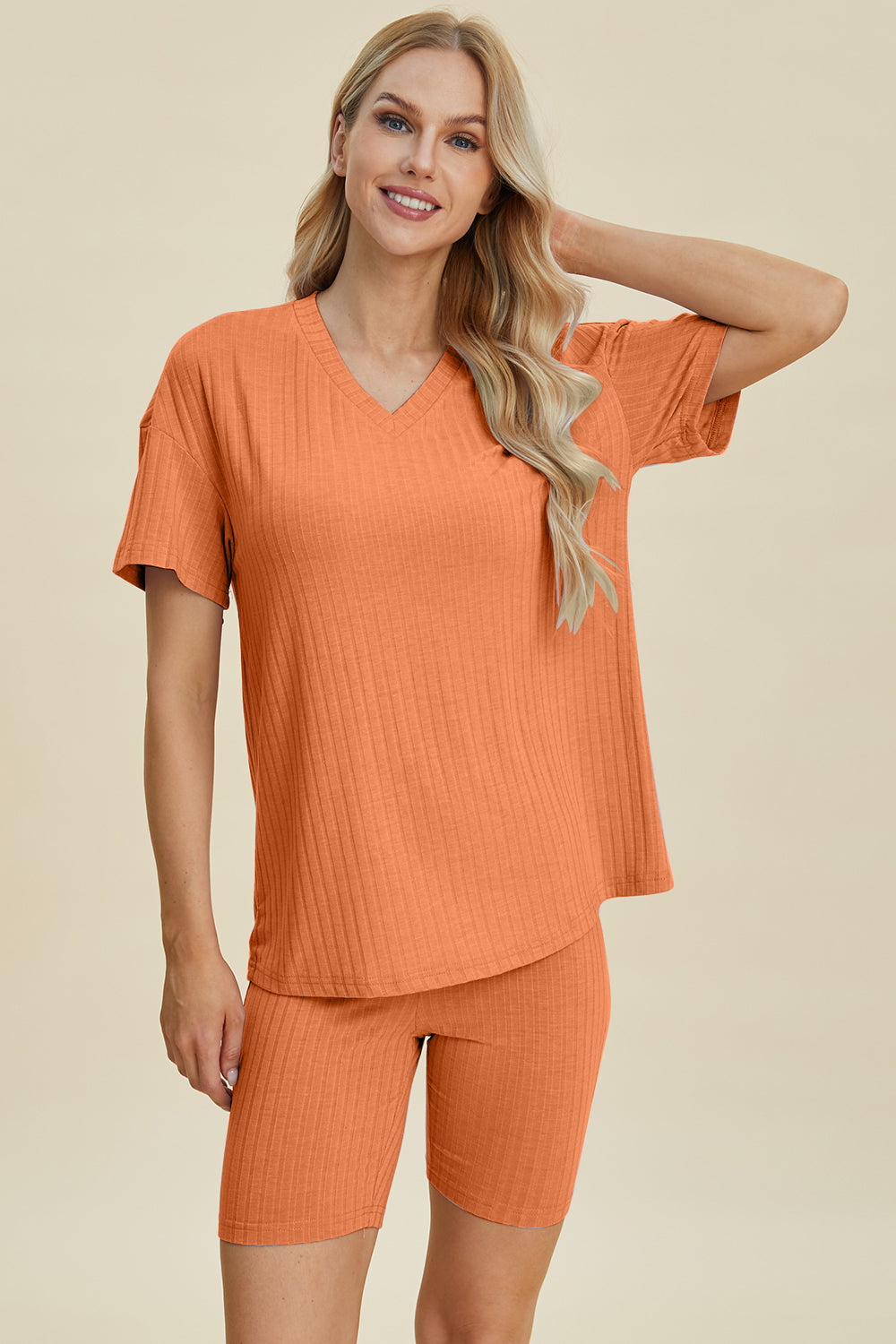 Ribbed V-Neck Short Sleeve Top and Shorts Set