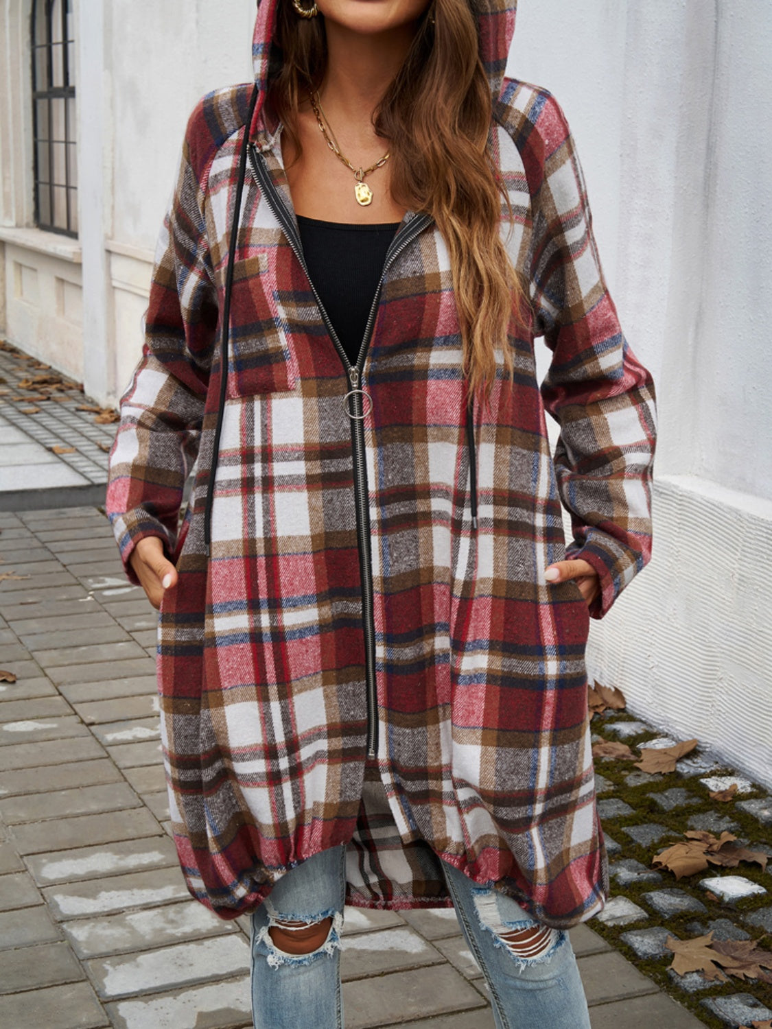 Plaid Zip Up Hooded Top