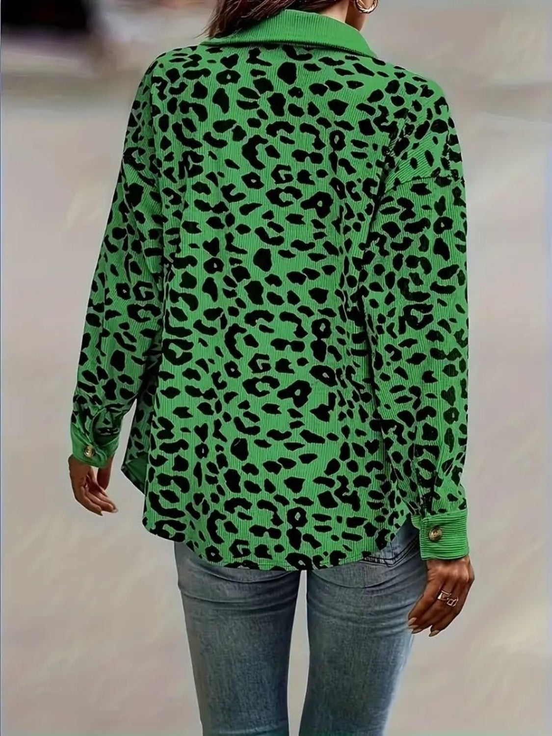 Leopard Collared Neck Button Up Long Sleeve