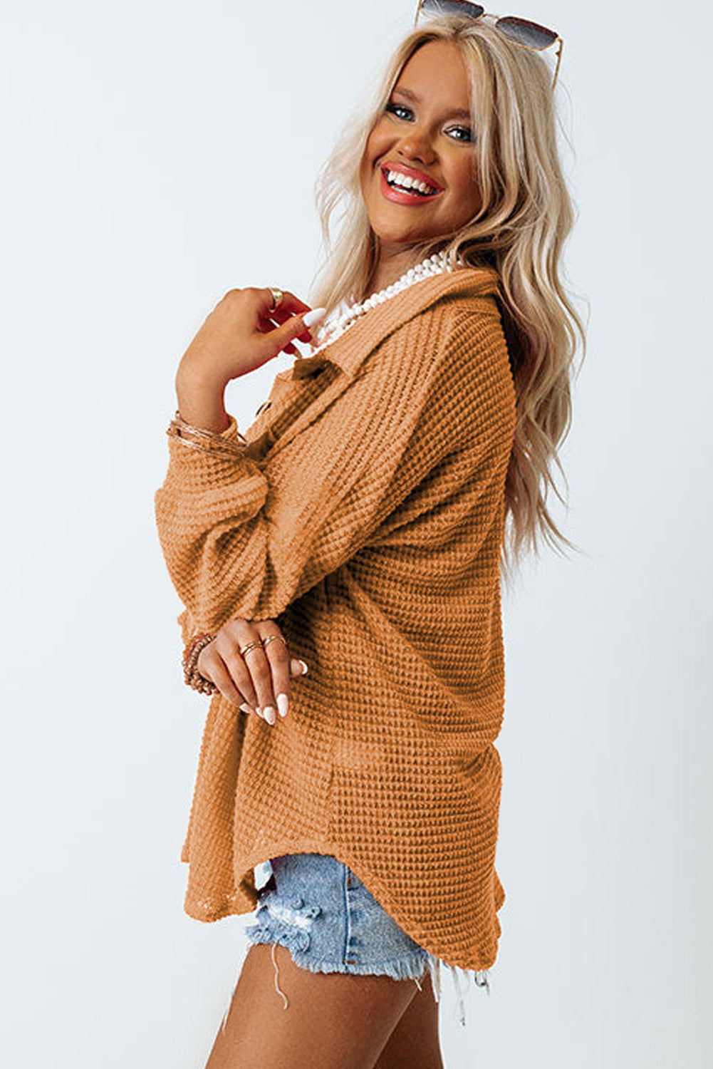 Waffle-Knit Collared Neck Long Sleeve Shirt