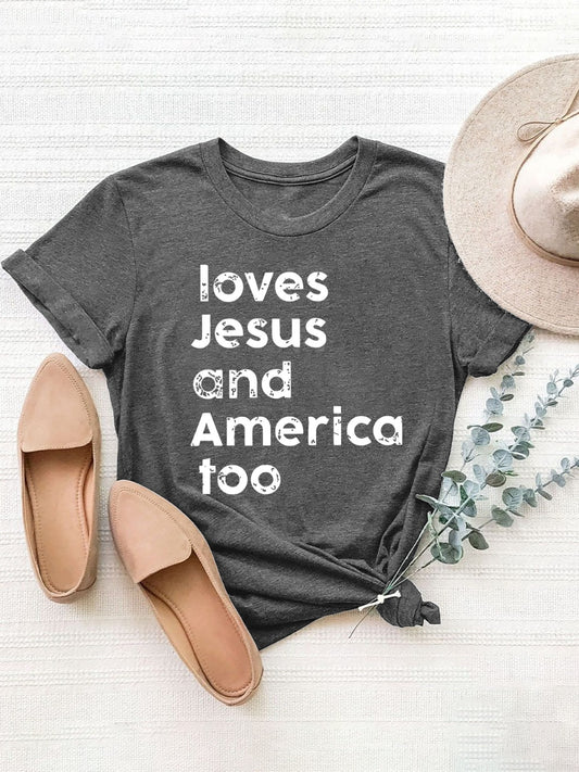 JESUS AMERICA LOVE Graphic Round Neck Short Sleeve T-Shirt