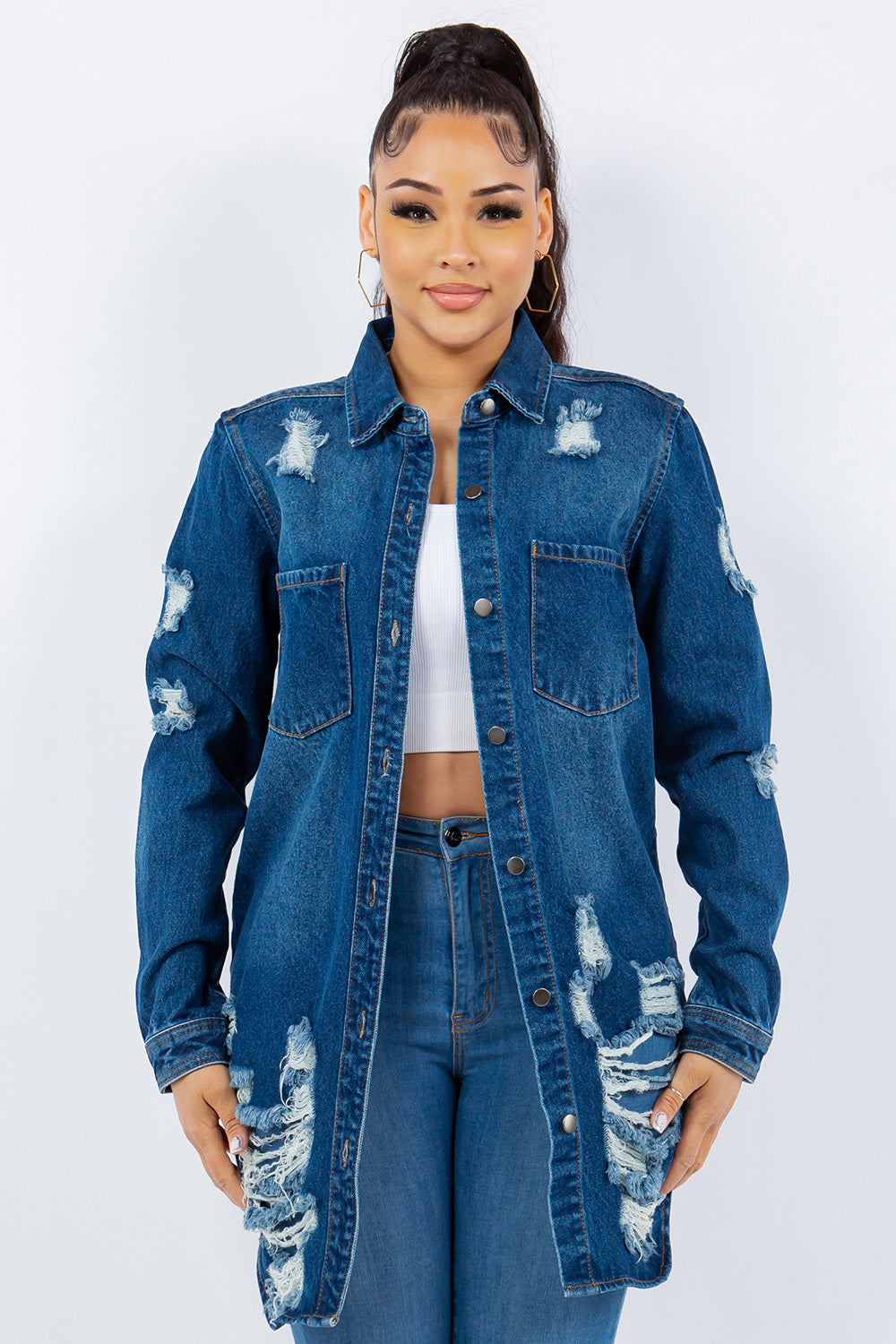 Distressed Button Up Long Sleeve Denim