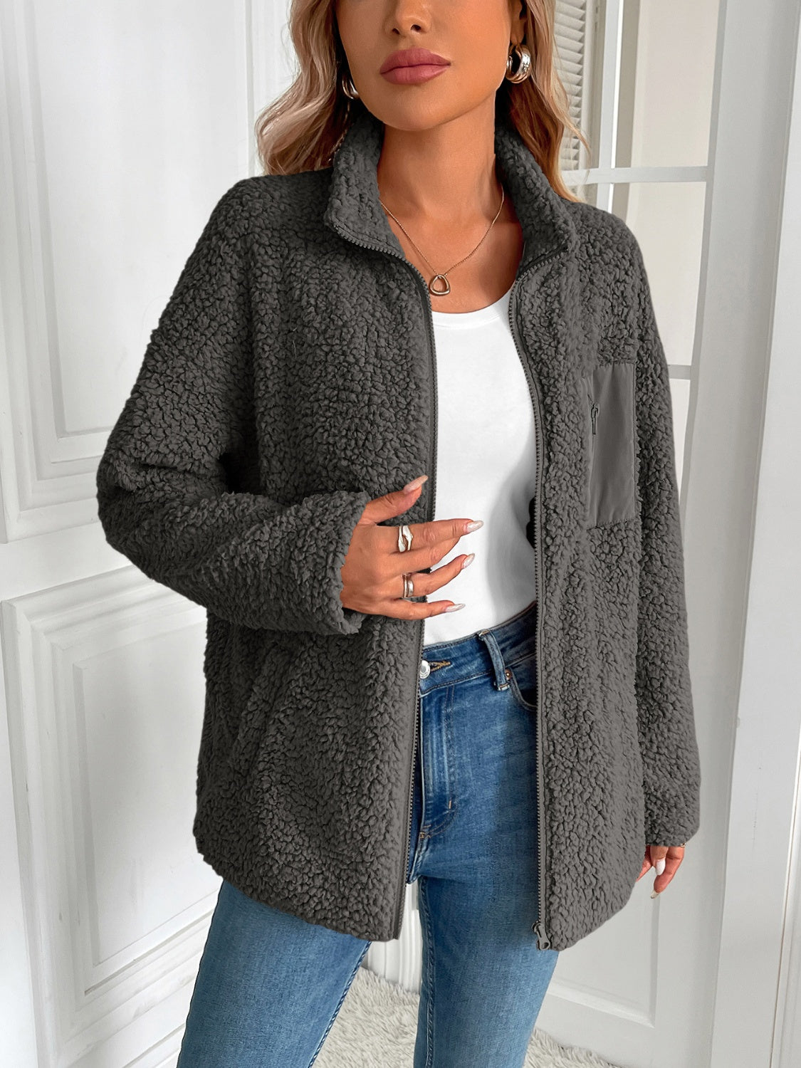 Zip Up Long Sleeve Fuzzy Jacket