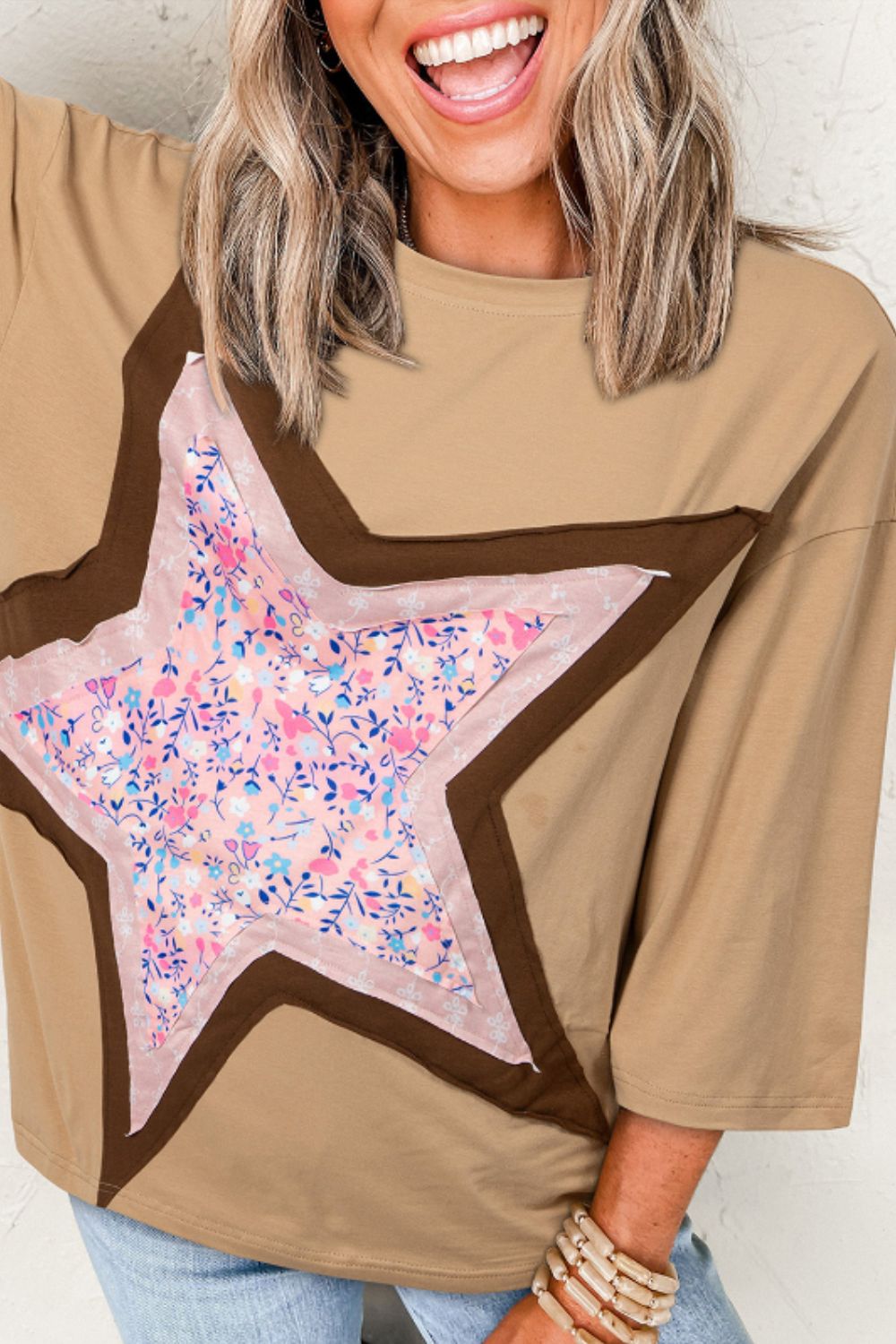 Star Applique Patch Round Neck T-Shirt