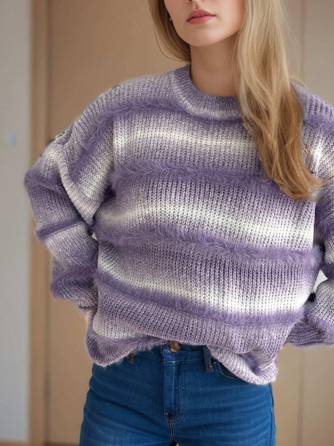 Out of Focus Gradient Round Neck Dropped Shoulder Sweater