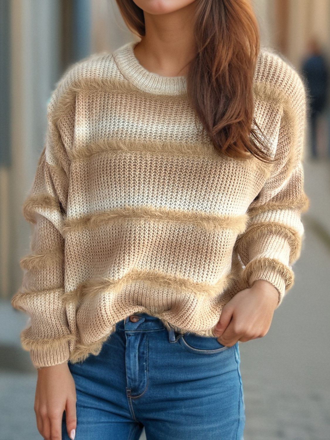 Out of Focus Gradient Round Neck Dropped Shoulder Sweater