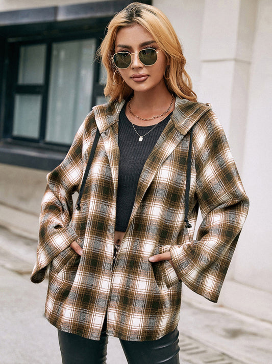 Pocketed Plaid Long Sleeve Hooded