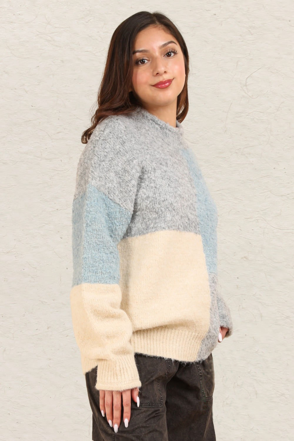 Color Block Mock Neck Drop Shoulder Sweater