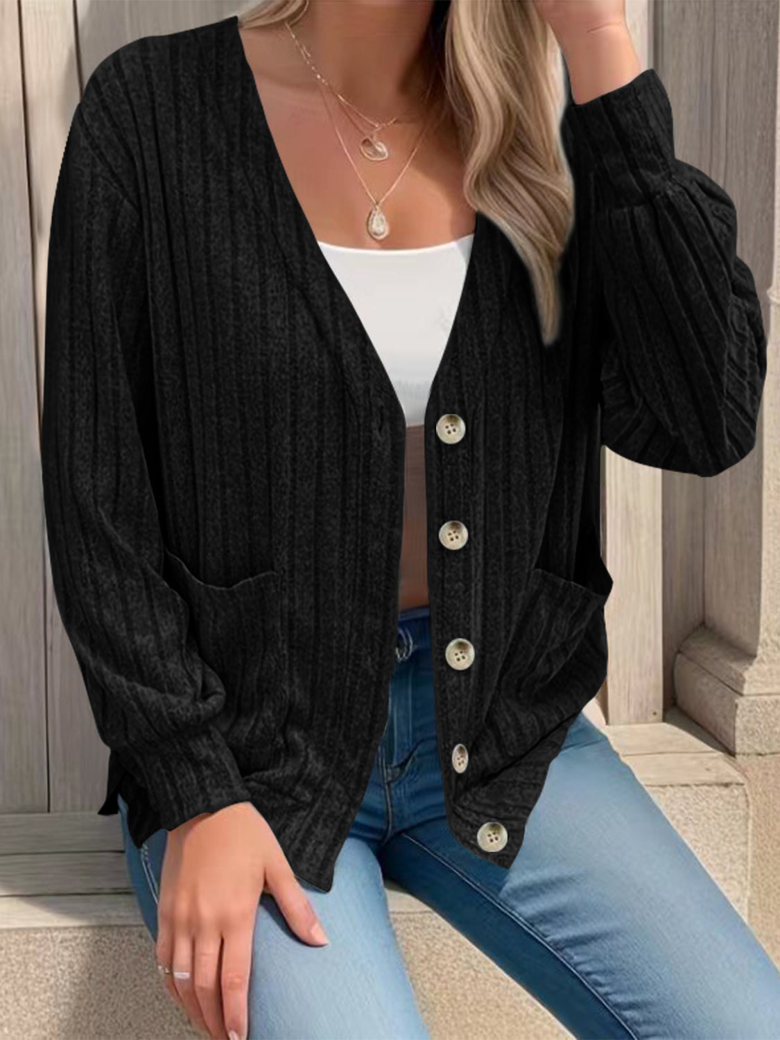 Button Up V-Neck Long Sleeve Cardigan