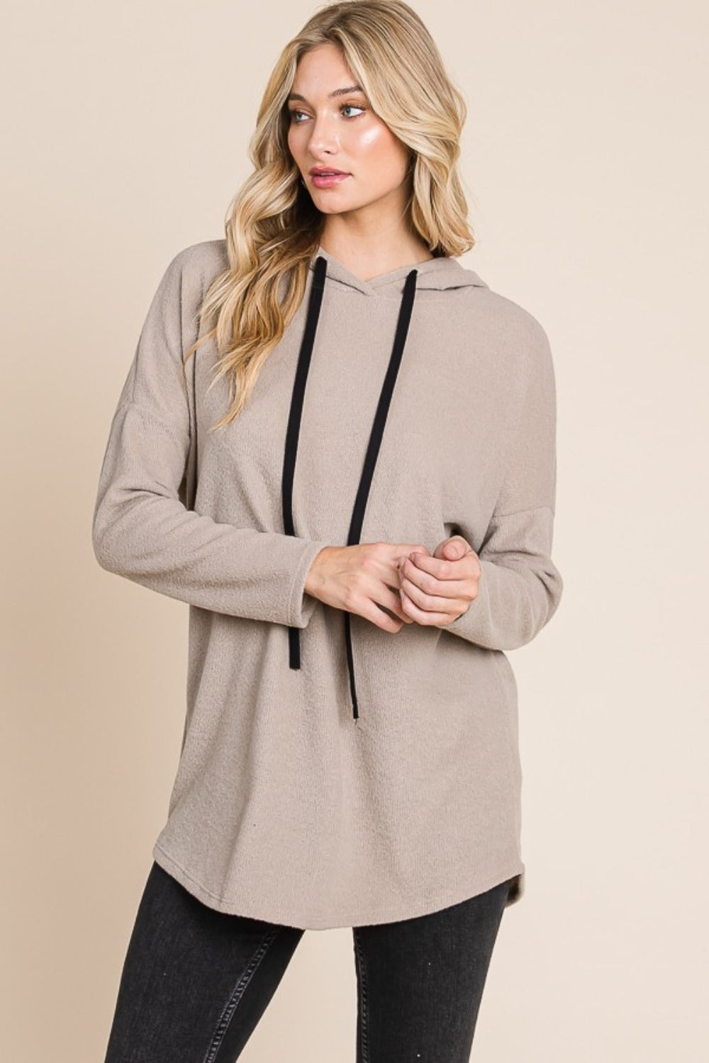 Contrast Drawstring Drop Shoulder Knit Hoodie - Taupe