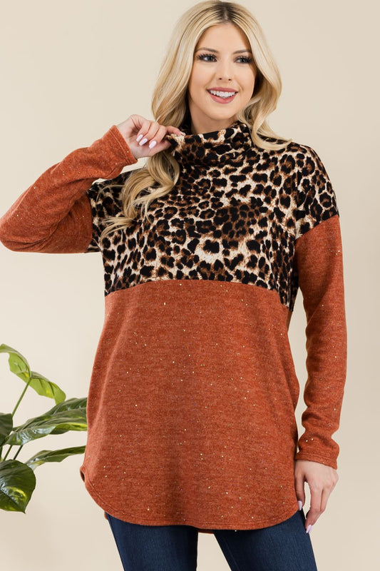 Curved Hem Leopard Turtleneck Long Sleeve Blouse