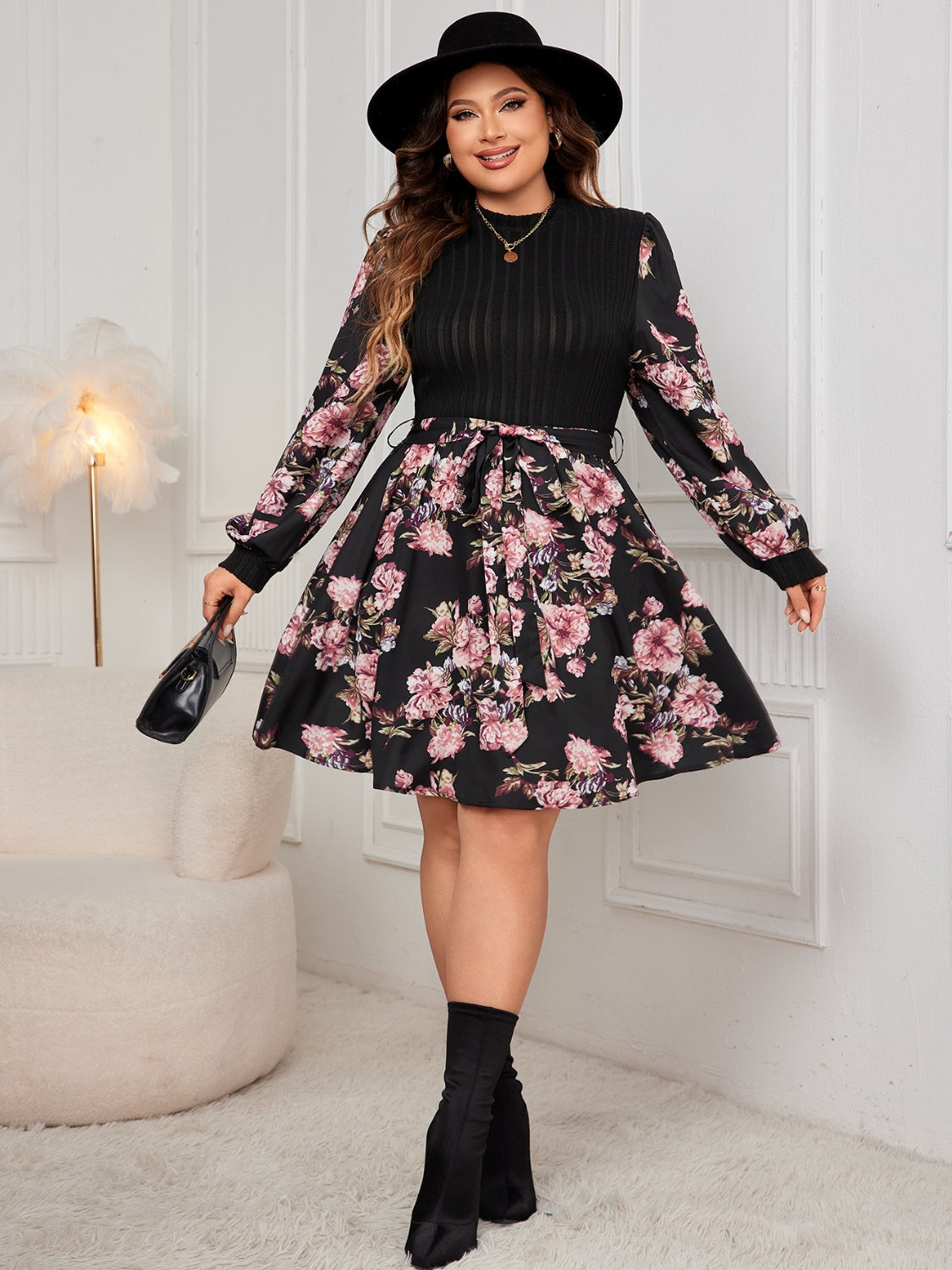 Plus Tied Printed Long Sleeve Dress