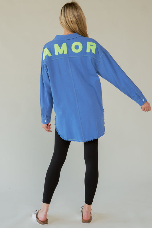 AMOR Letter Back Raw Hem Half Button Shirt