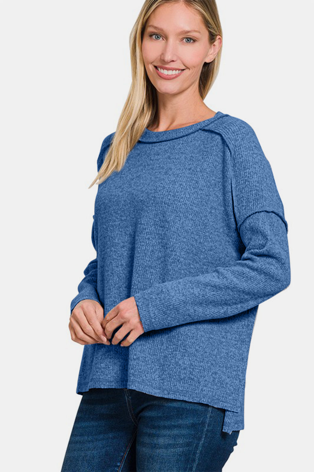 Exposed Seam Brushed Round Neck Sweater