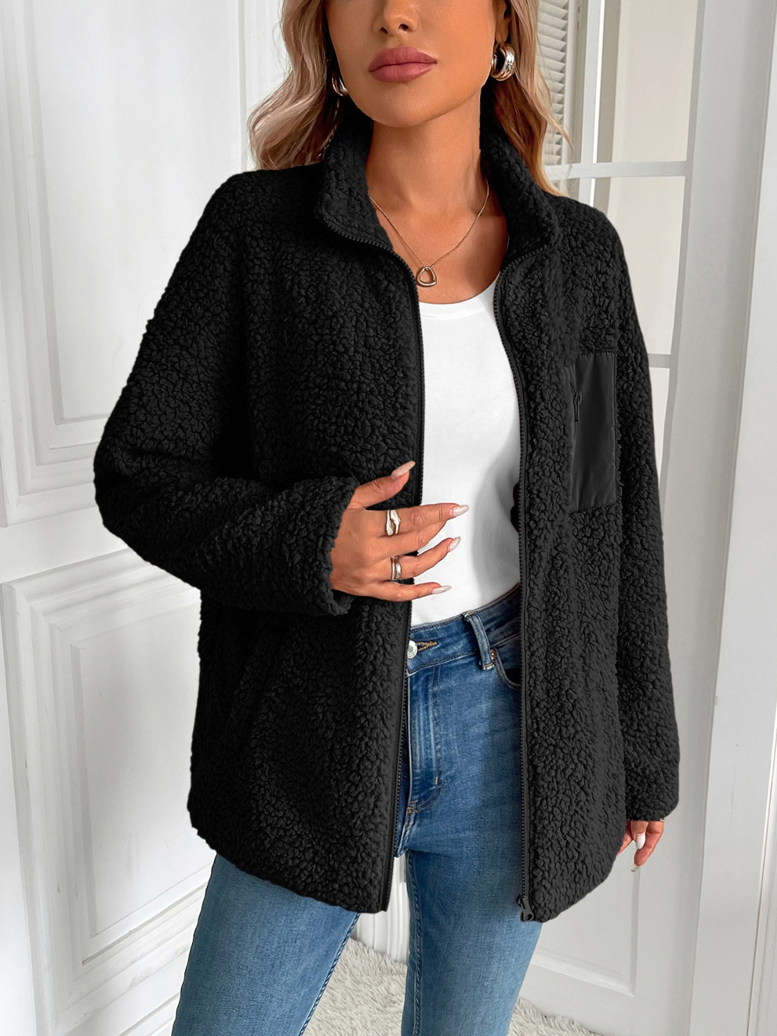 Zip Up Long Sleeve Fuzzy Jacket