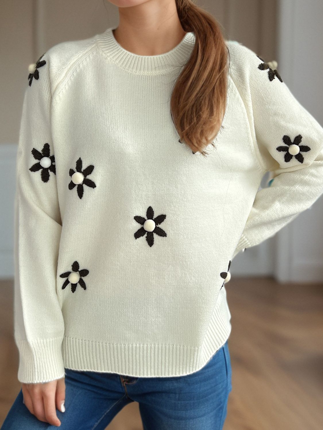 Flower Round Neck Raglan Sleeve Sweater