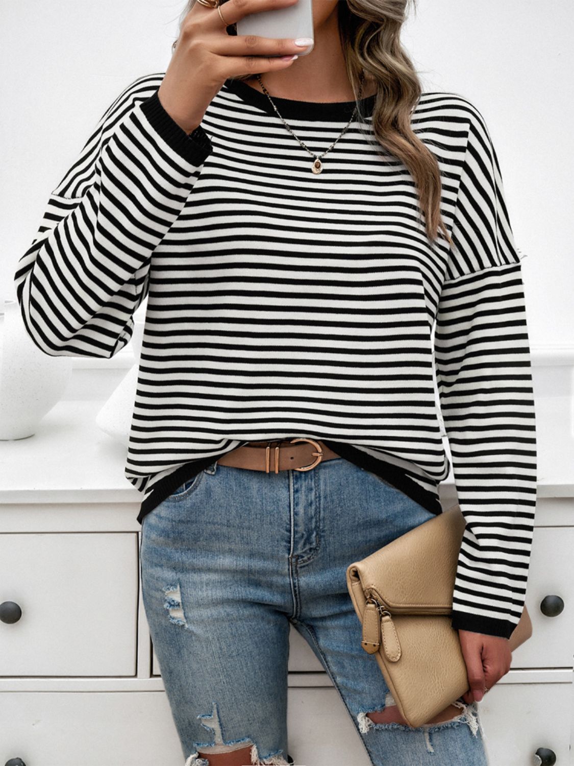 Striped Round Neck Dropped Shoulder Sweater