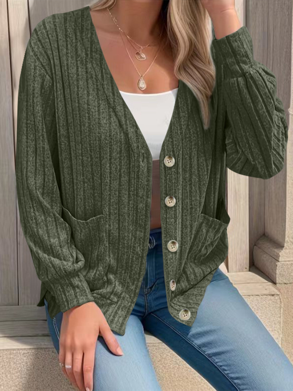 Button Up V-Neck Long Sleeve Cardigan