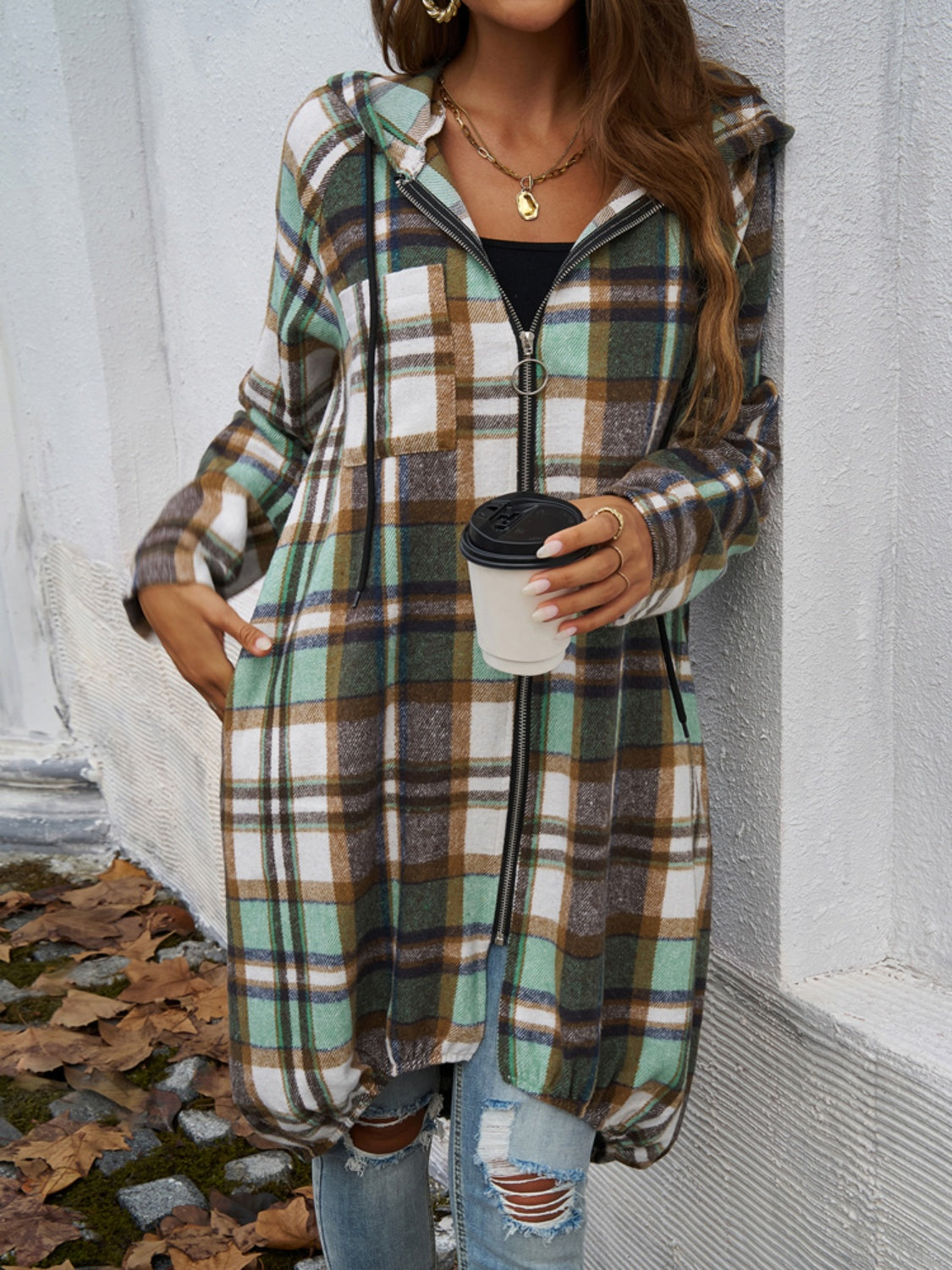 Plaid Zip Up Hooded Top