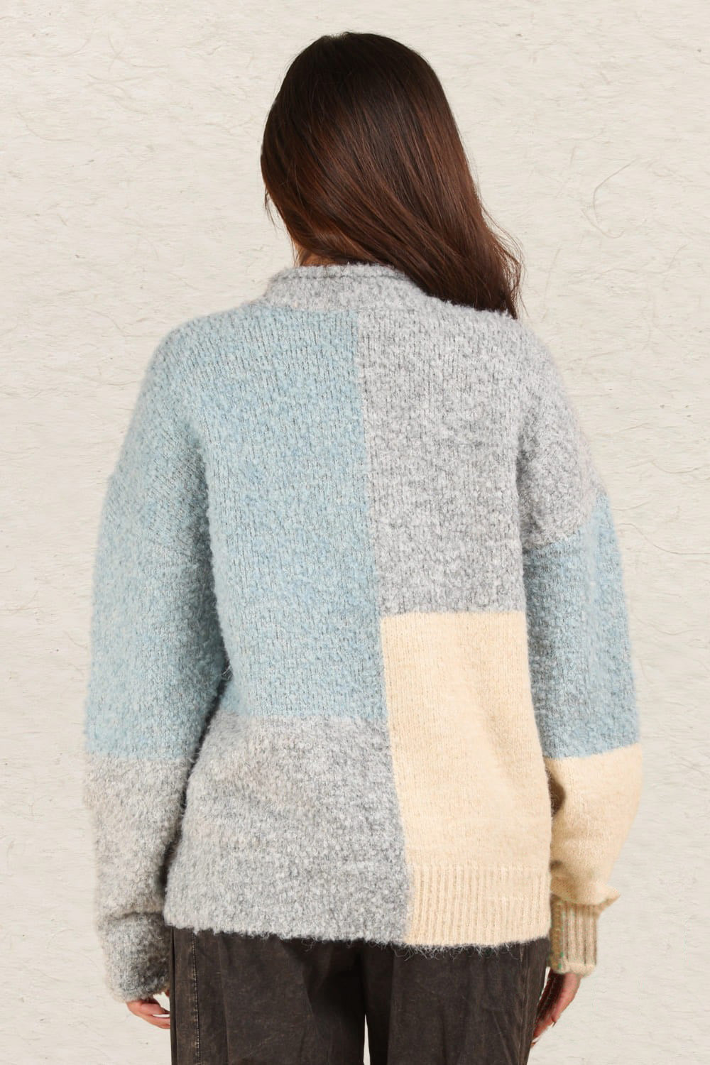 Color Block Mock Neck Drop Shoulder Sweater