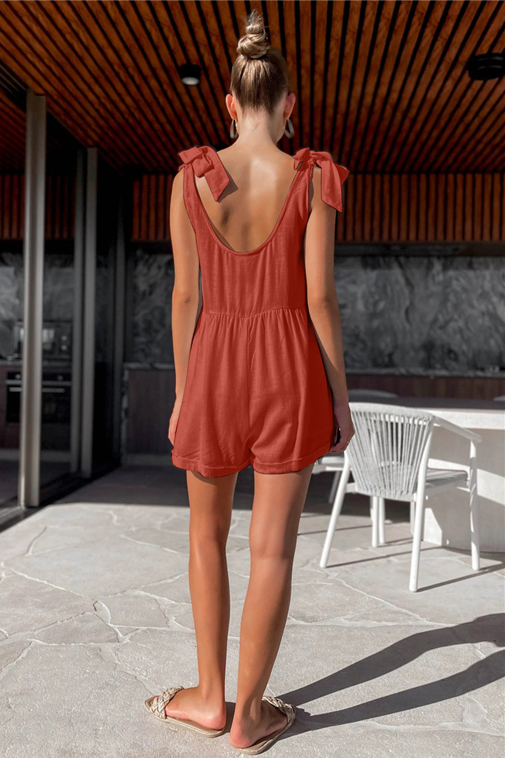 Scoop Neck Tie Shoulder Romper