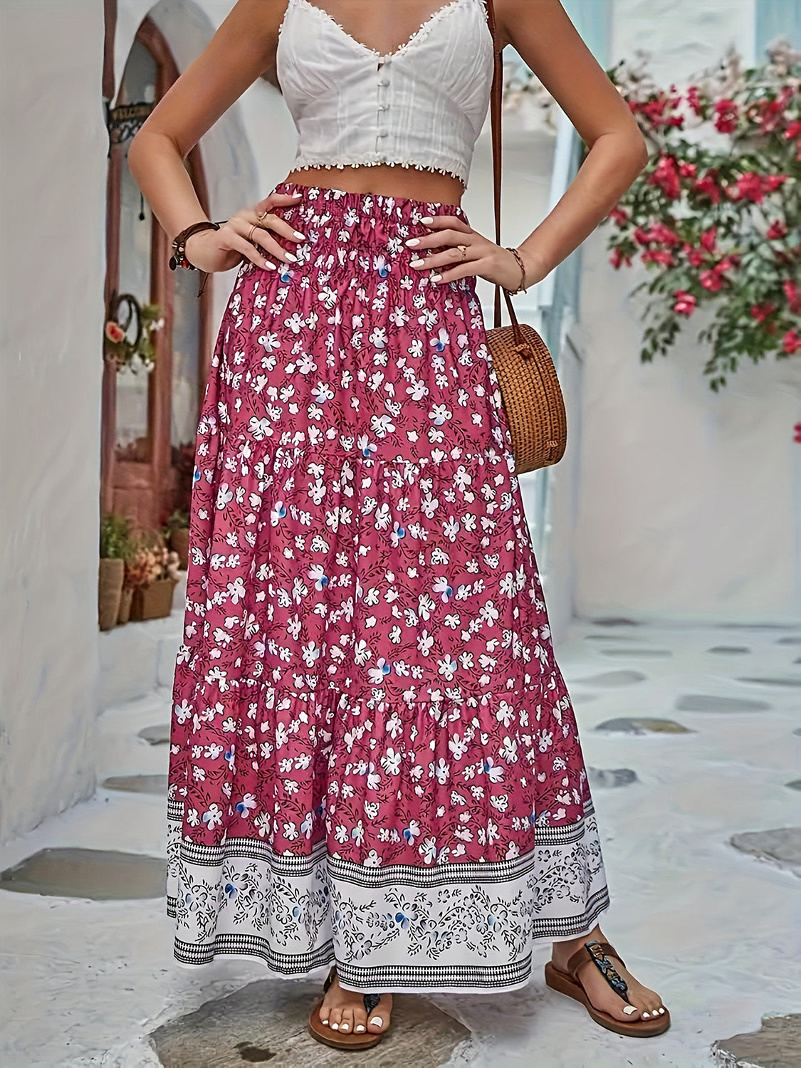 Tiered Printed Elastic Waist Skirt