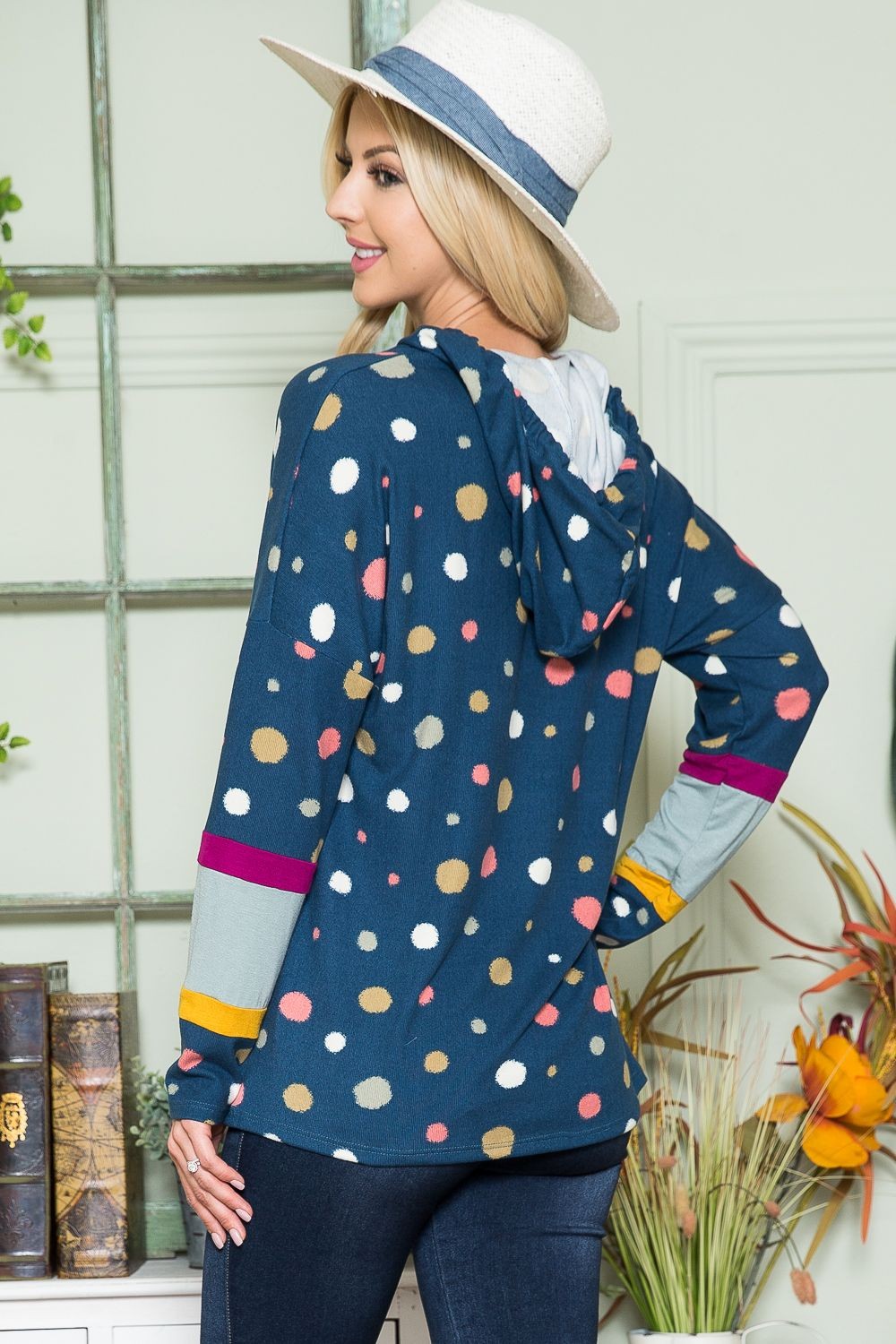 Polka Dot Drawstring Hoodie -  Navy