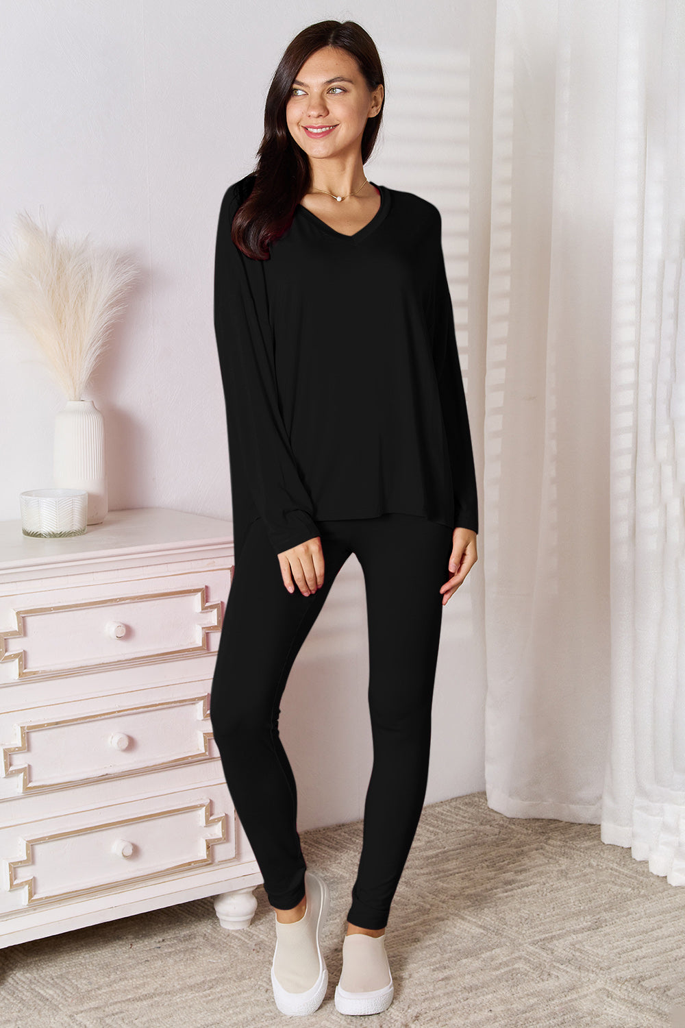 Bamboo V-Neck Long Sleeve Top and Pants Lounge Set