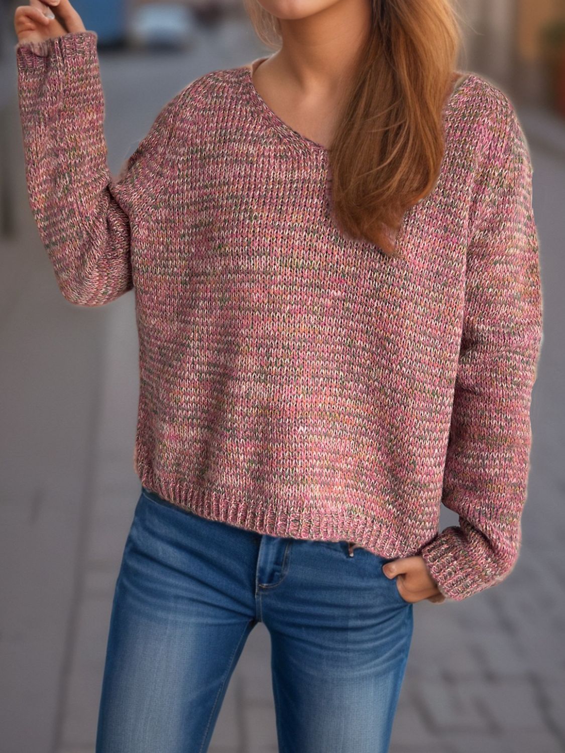 Fall Favorite Heathered V-Neck Long Sleeve Sweater