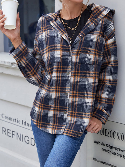 Plaid Button Up Long Sleeve Hooded