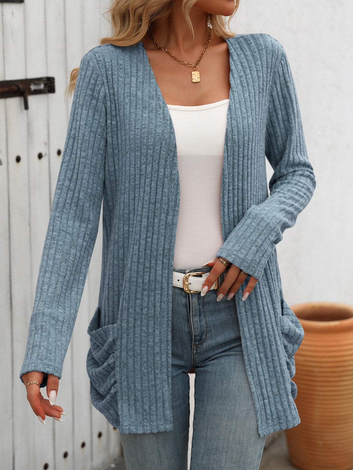 Open Front Long Sleeve Ribbed Cardigan