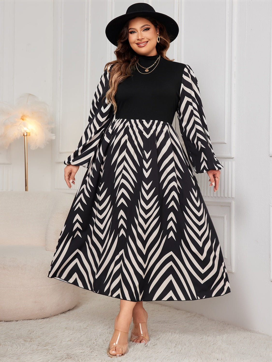 Plus Printed Mock Neck Long Sleeve Midi Dress