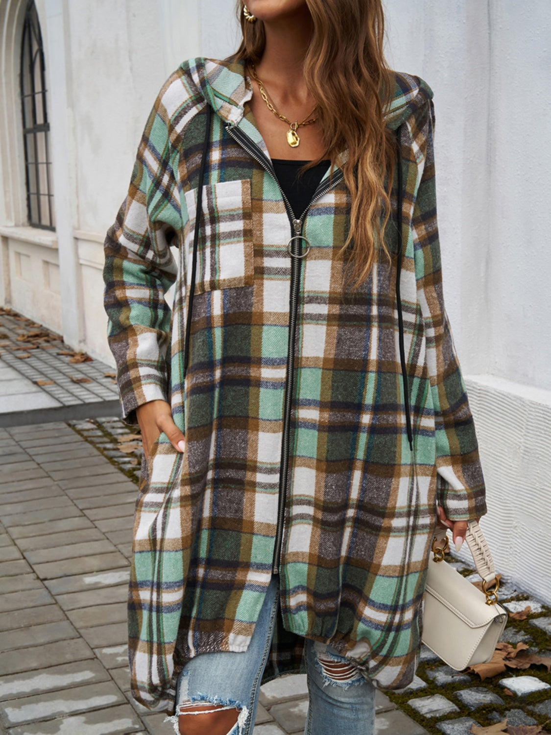 Plaid Zip Up Hooded Top