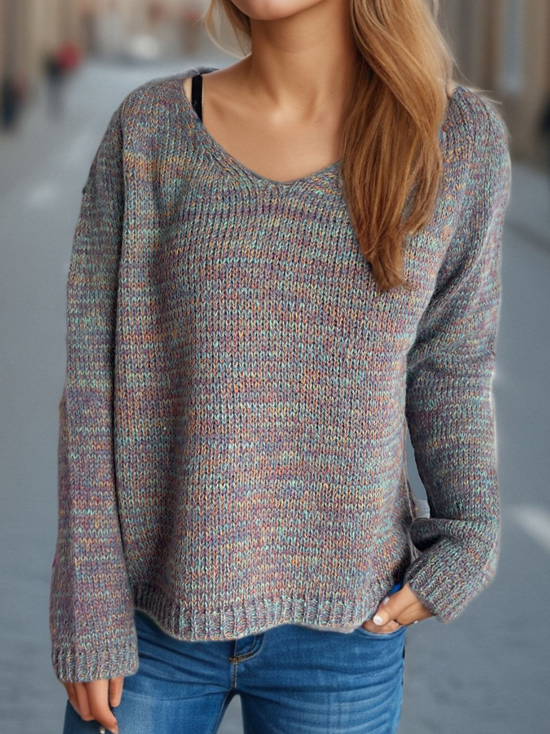 Fall Favorite Heathered V-Neck Long Sleeve Sweater