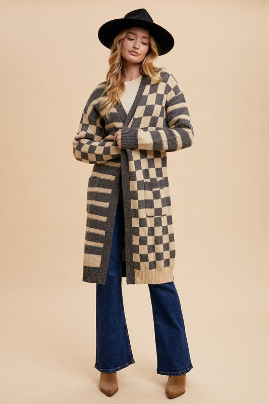 ZsaZsa Checkered & Striped Open Front Long Sleeve Cardigan