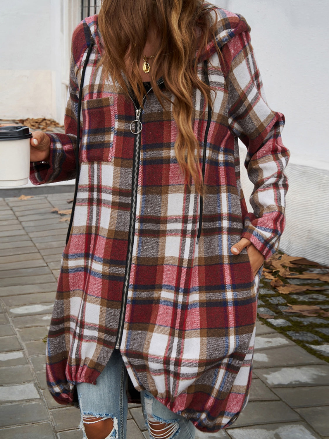 Plaid Zip Up Hooded Top