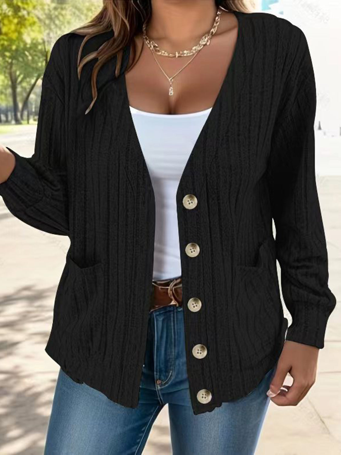 Button Up V-Neck Long Sleeve Cardigan