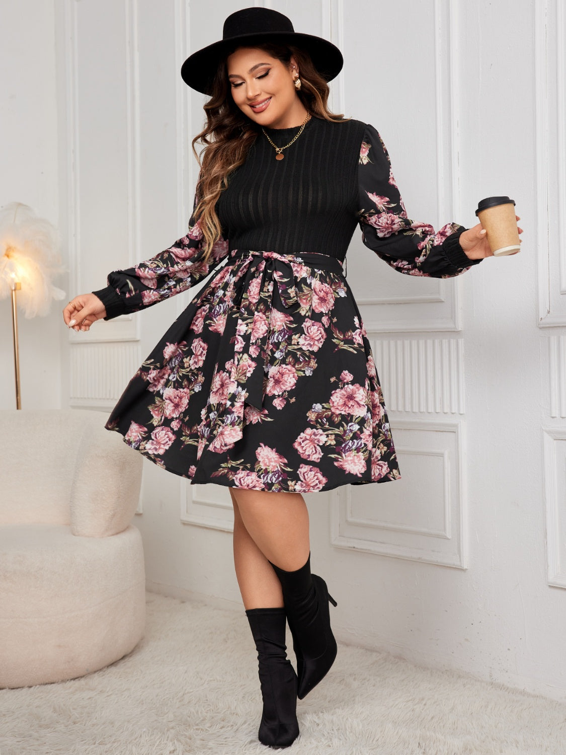 Plus Tied Printed Long Sleeve Dress