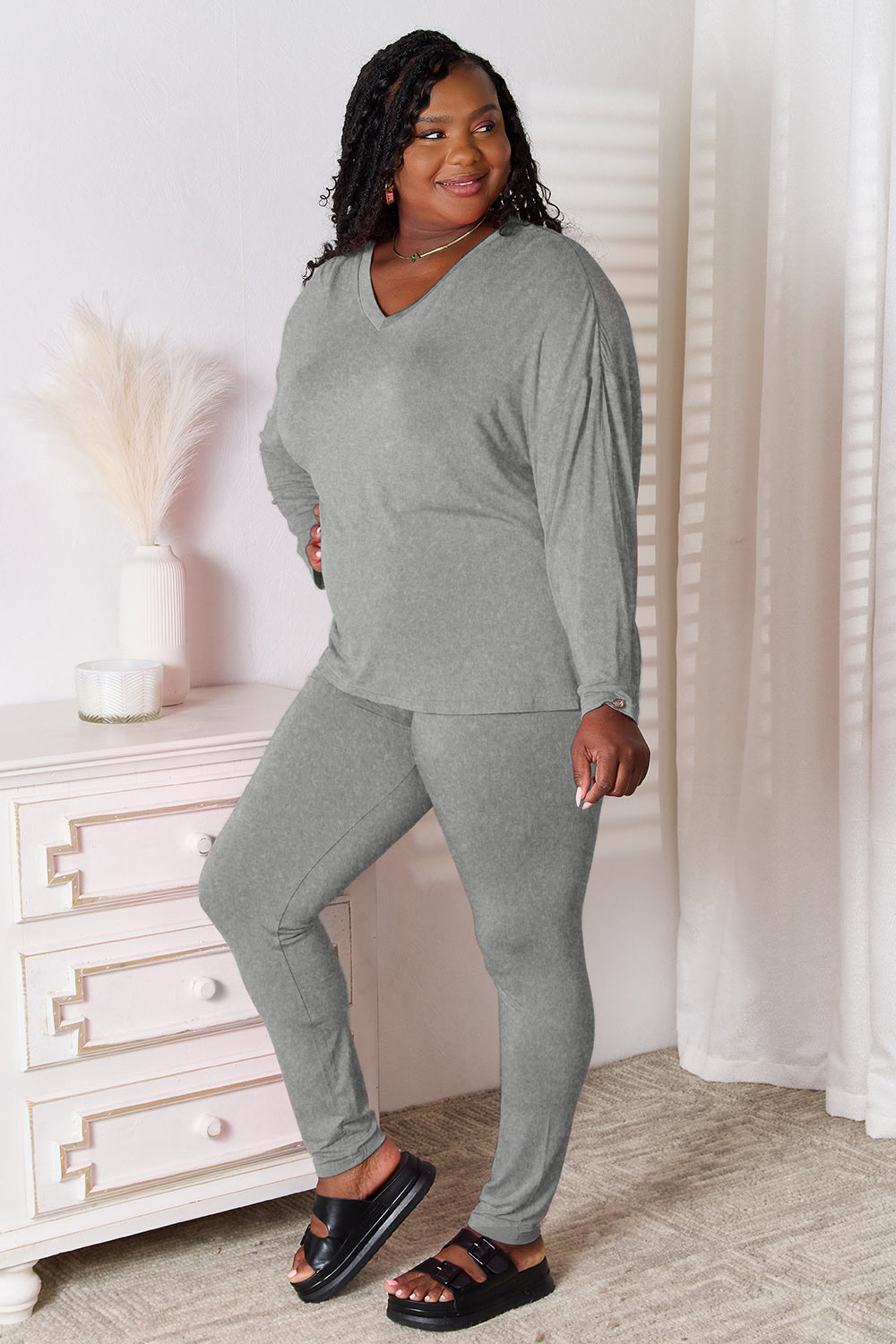 Bamboo V-Neck Long Sleeve Top and Pants Lounge Set