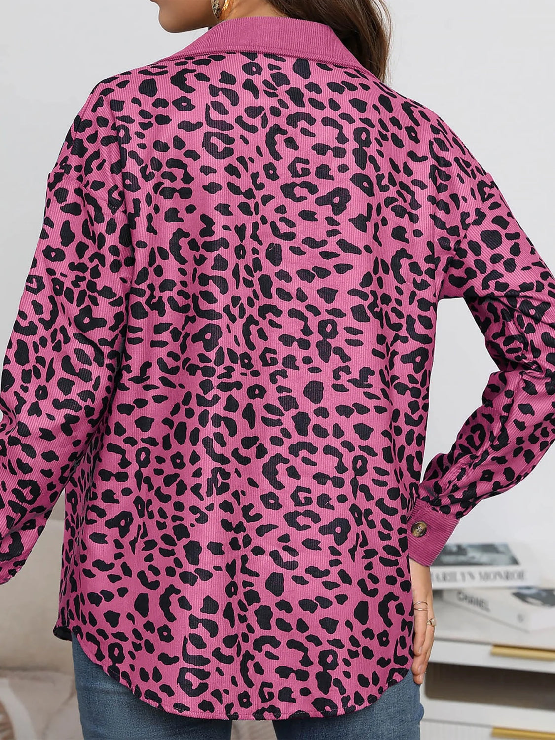 Leopard Collared Neck Button Up Long Sleeve