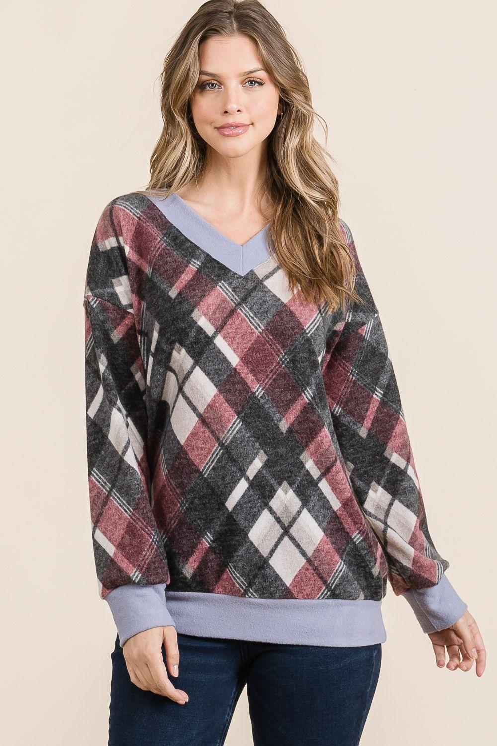 Plaid V-Neck Long Sleeve T-Shirt