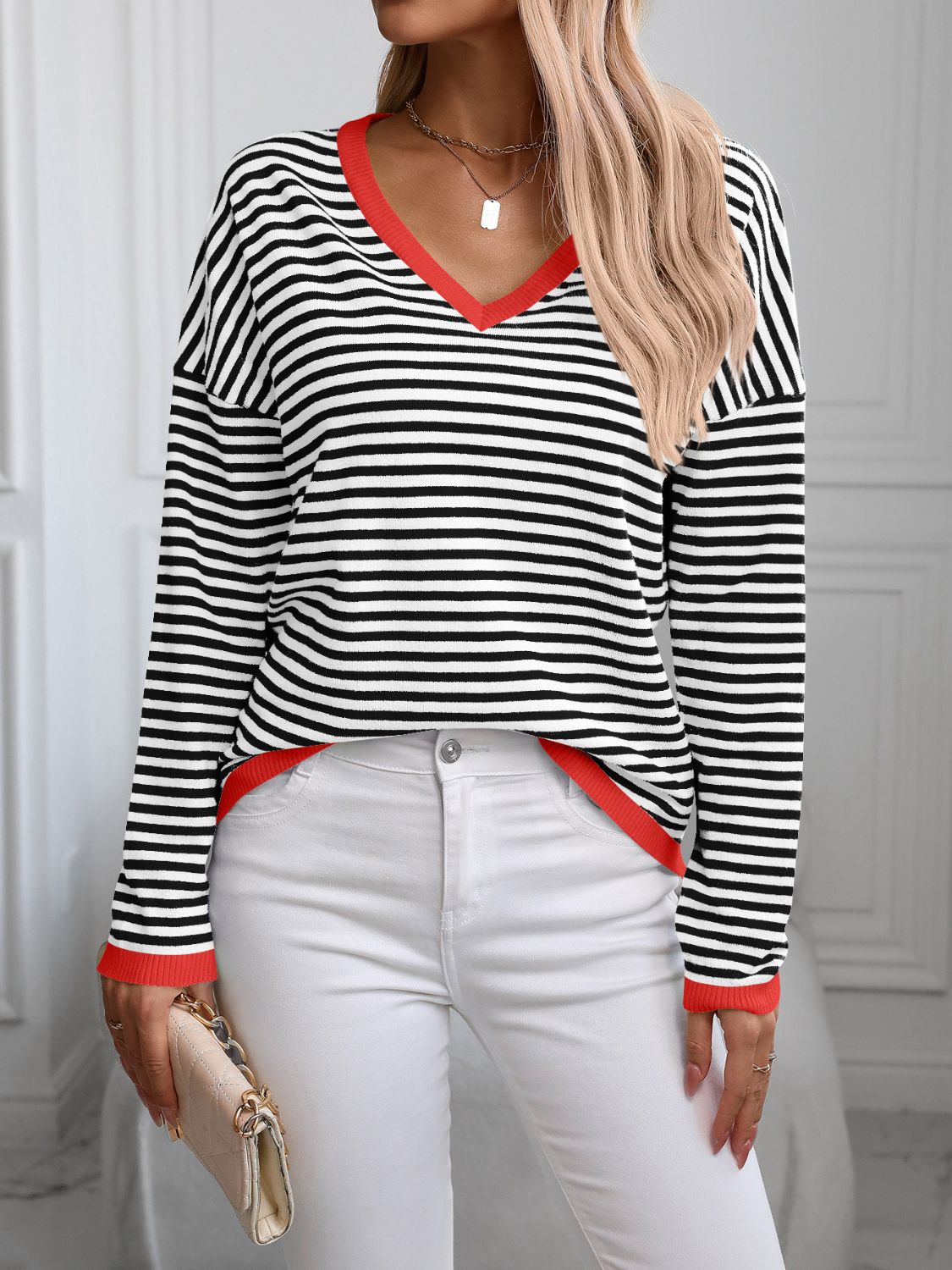 Contrast Trim Striped V-Neck Long Sleeve Knit Top