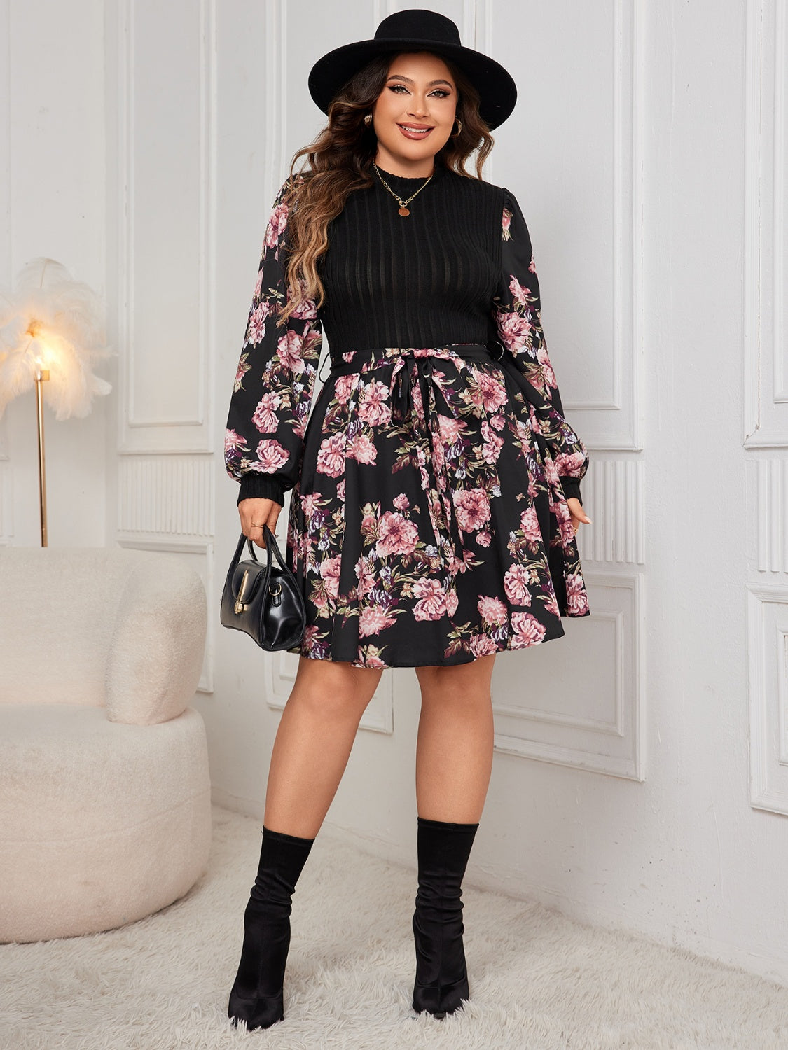 Plus Tied Printed Long Sleeve Dress