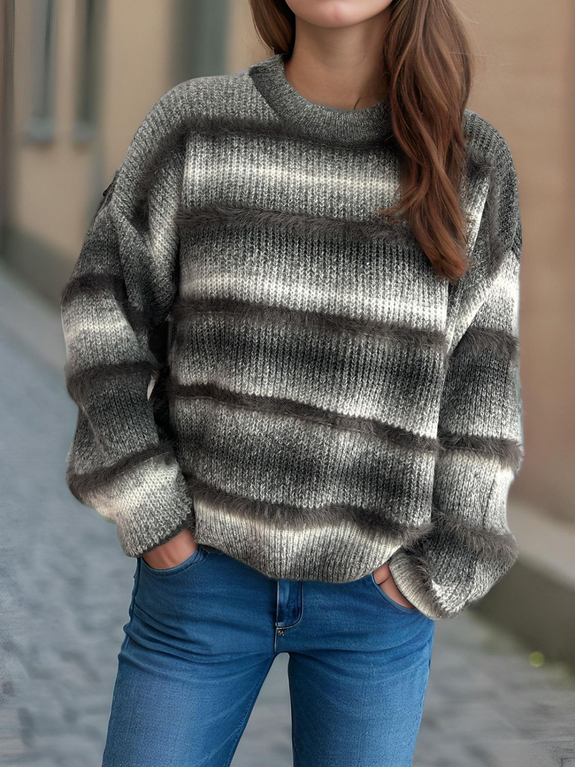 Out of Focus Gradient Round Neck Dropped Shoulder Sweater