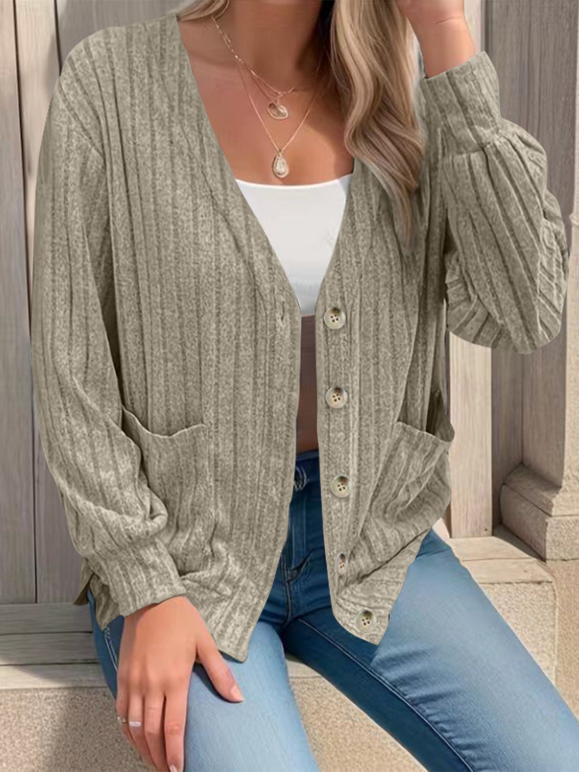 Button Up V-Neck Long Sleeve Cardigan